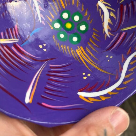 Talavera Mexican Pottery Salsa Bowl Footed Hand Painted Trinket Red Purple Birds - Picture 5 of 16